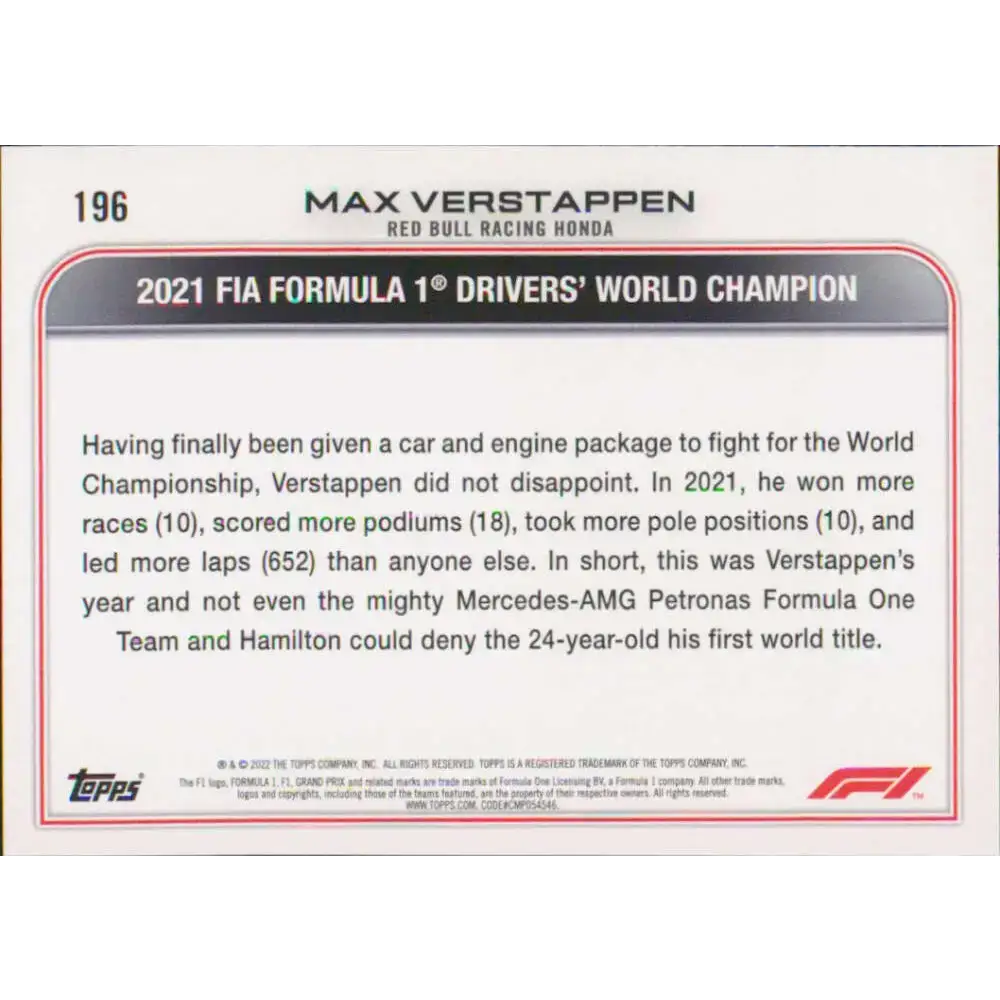 2022 Topps Formula 1 #196 Max Verstappen NM-MT Racing Card - Racing Card Single