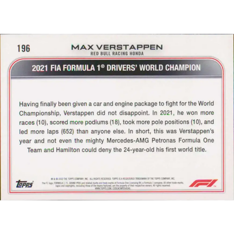 2022 Topps Formula 1 #196 Max Verstappen NM-MT Racing Card - Racing Card Single
