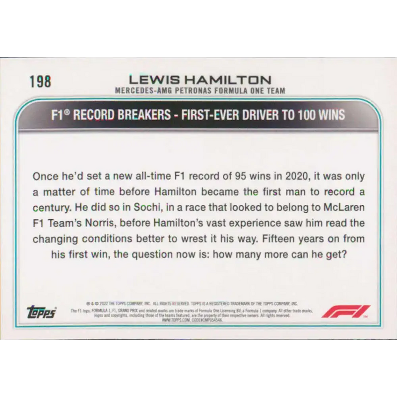 2022 Topps Formula 1 #198 Lewis Hamilton NM-MT Racing Card - Racing Card Single
