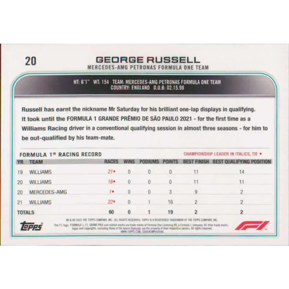 2022 Topps Formula 1 #20 George Russell NM-MT Racing Card - Racing Card Single