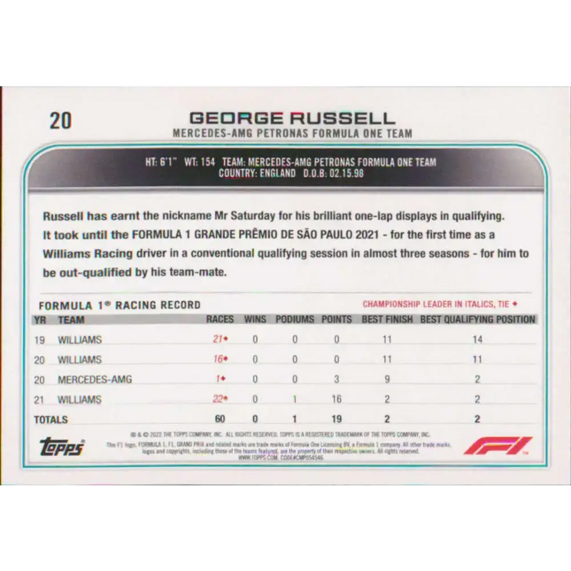 2022 Topps Formula 1 #20 George Russell NM-MT Racing Card - Racing Card Single