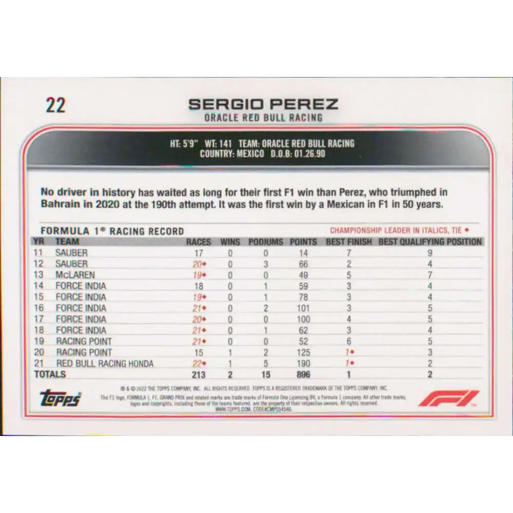 2022 Topps Formula 1 #22 Sergio Perez NM-MT Racing Card - Racing Card Single