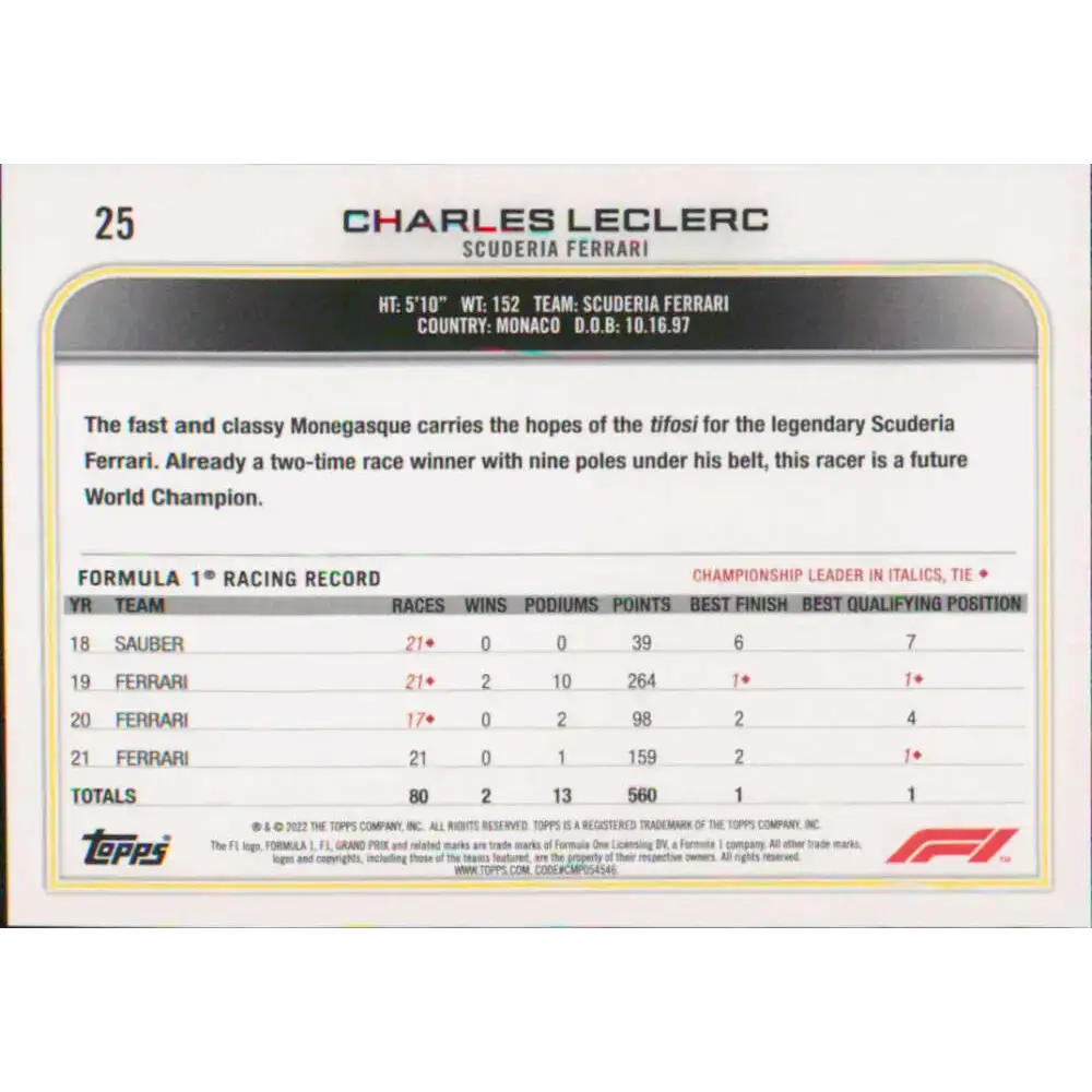 2022 Topps Formula 1 #25 Charles Leclerc NM-MT Racing Card - Racing Card Single