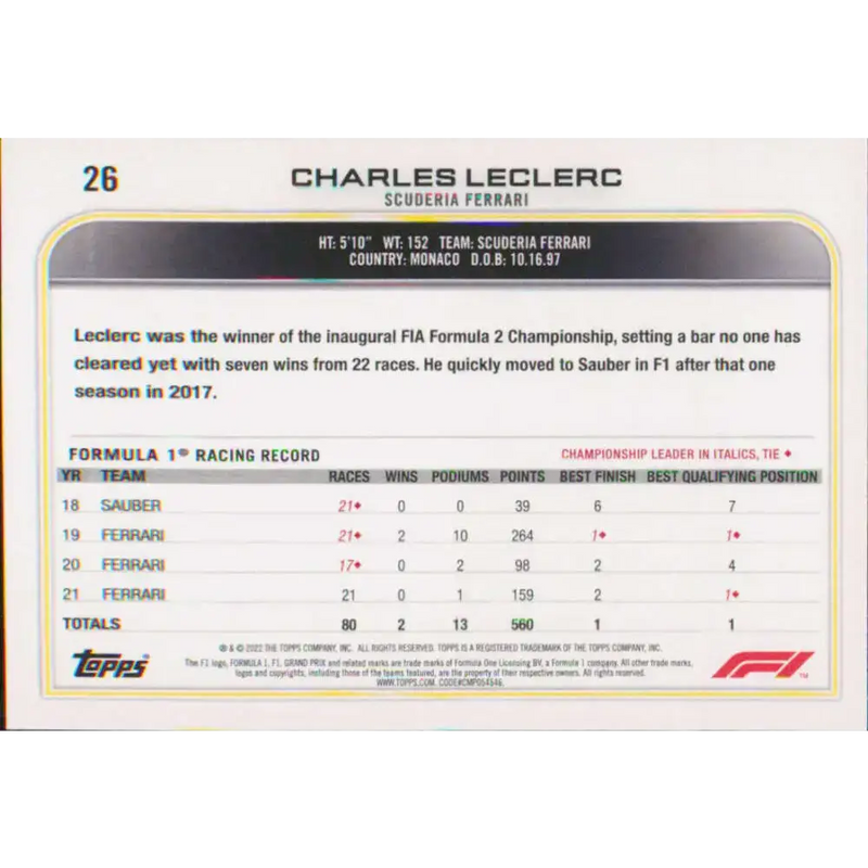 2022 Topps Formula 1 #26 Charles Leclerc NM-MT Racing Card - Racing Card Single