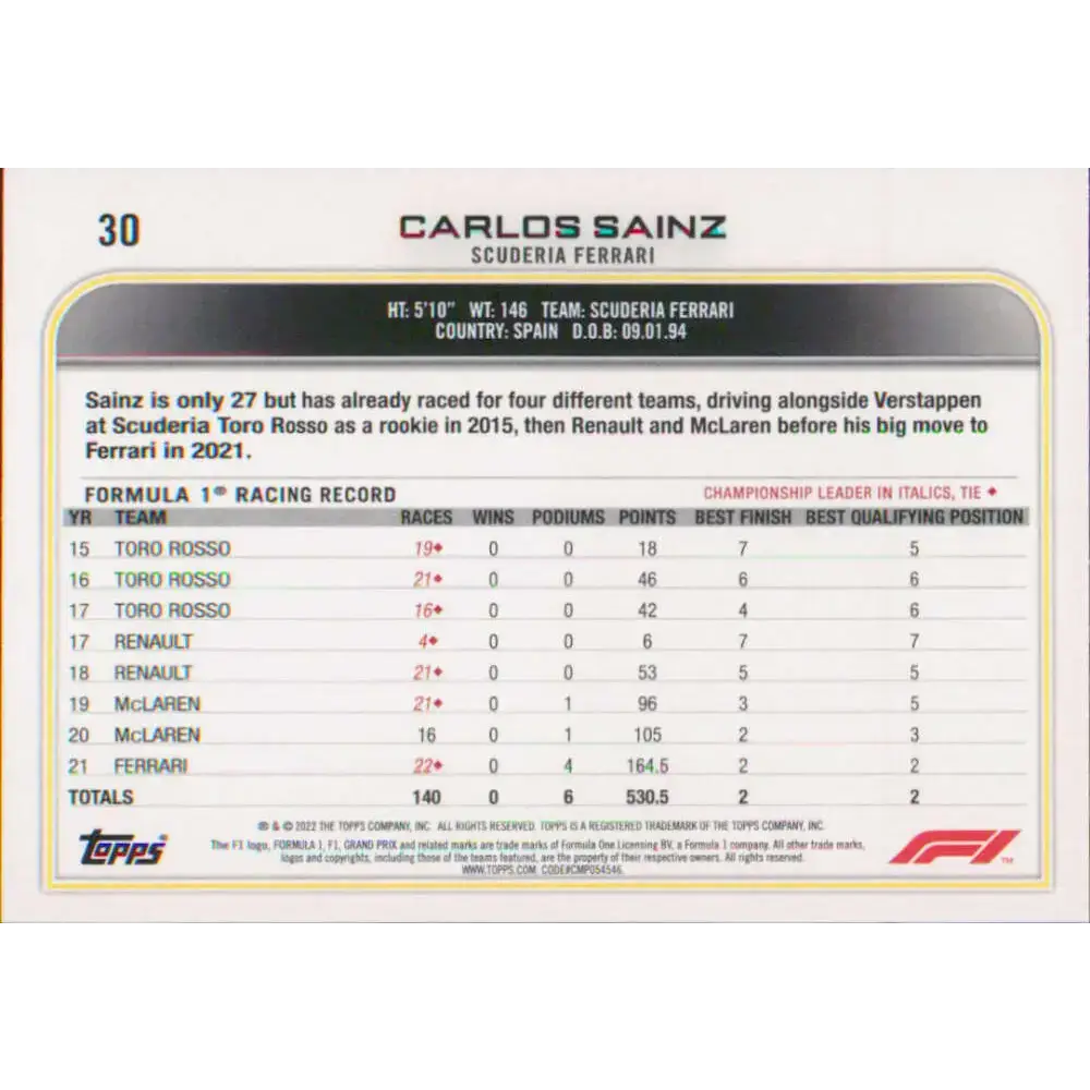 2022 Topps Formula 1 #30 Carlos Sainz NM-MT Racing Card - Racing Card Single