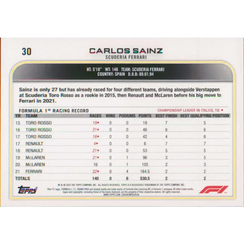 2022 Topps Formula 1 #30 Carlos Sainz NM-MT Racing Card - Racing Card Single