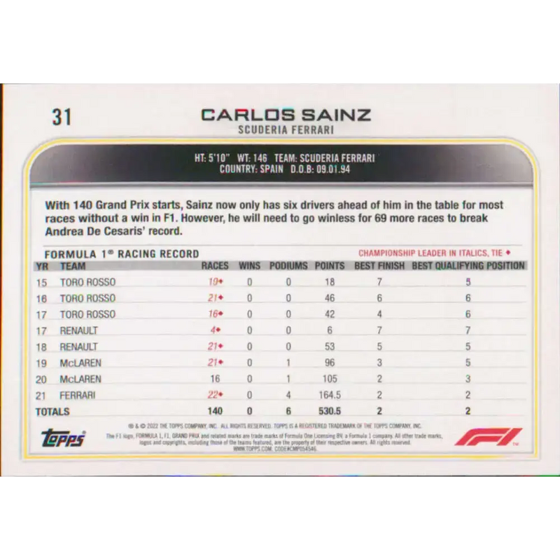 2022 Topps Formula 1 #31 Carlos Sainz NM-MT Racing Card - Racing Card Single