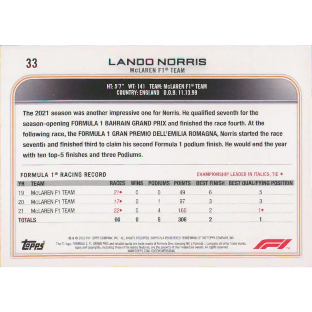 2022 Topps Formula 1 #33 Lando Norris NM-MT Racing Card - Racing Card Single