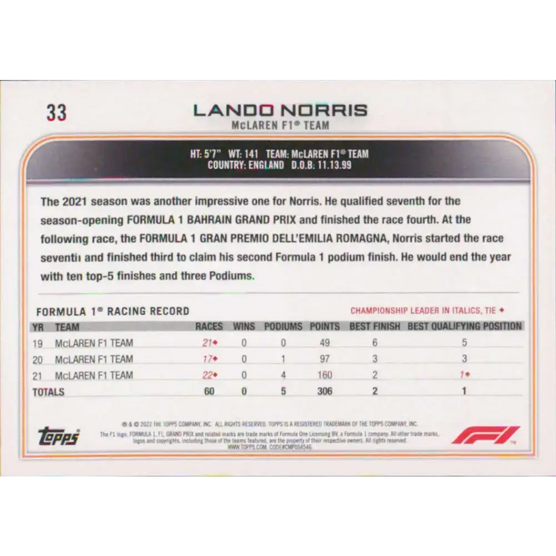 2022 Topps Formula 1 #33 Lando Norris NM-MT Racing Card - Racing Card Single