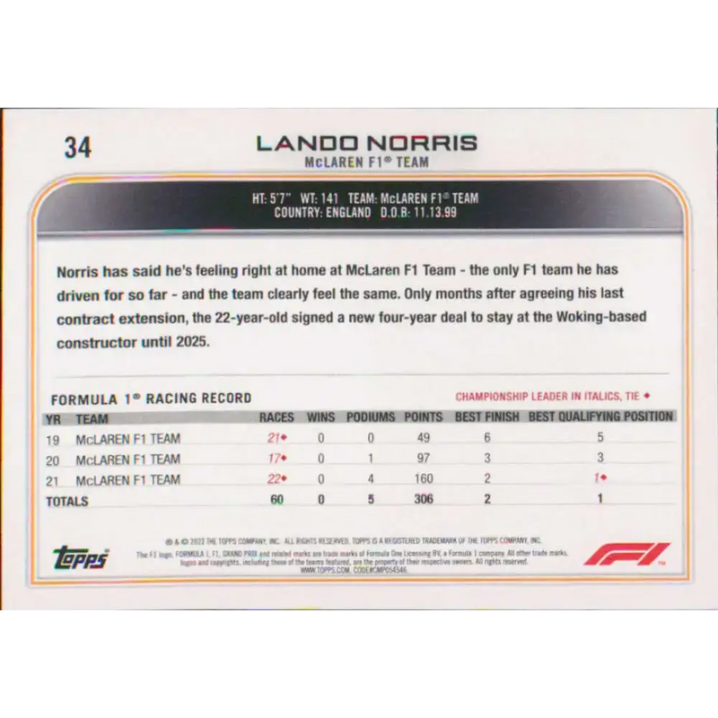 2022 Topps Formula 1 #34 Lando Norris NM-MT Racing Card - Racing Card Single