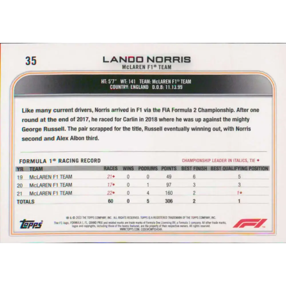 2022 Topps Formula 1 #35 Lando Norris NM-MT Racing Card - Racing Card Single