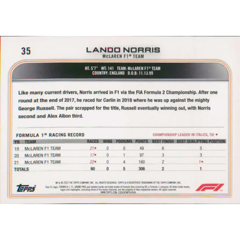 2022 Topps Formula 1 #35 Lando Norris NM-MT Racing Card - Racing Card Single