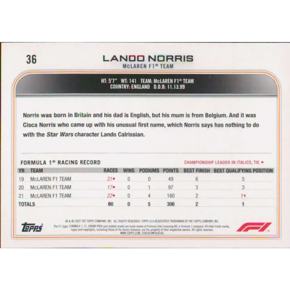 2022 Topps Formula 1 #36 Lando Norris NM-MT Racing Card - Racing Card Single