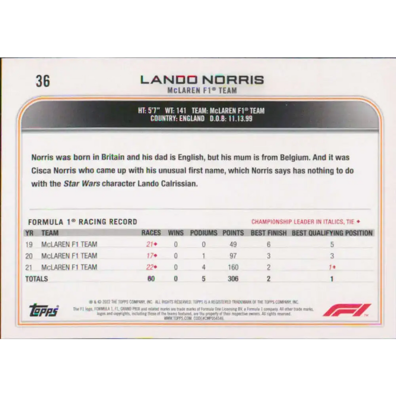2022 Topps Formula 1 #36 Lando Norris NM-MT Racing Card - Racing Card Single