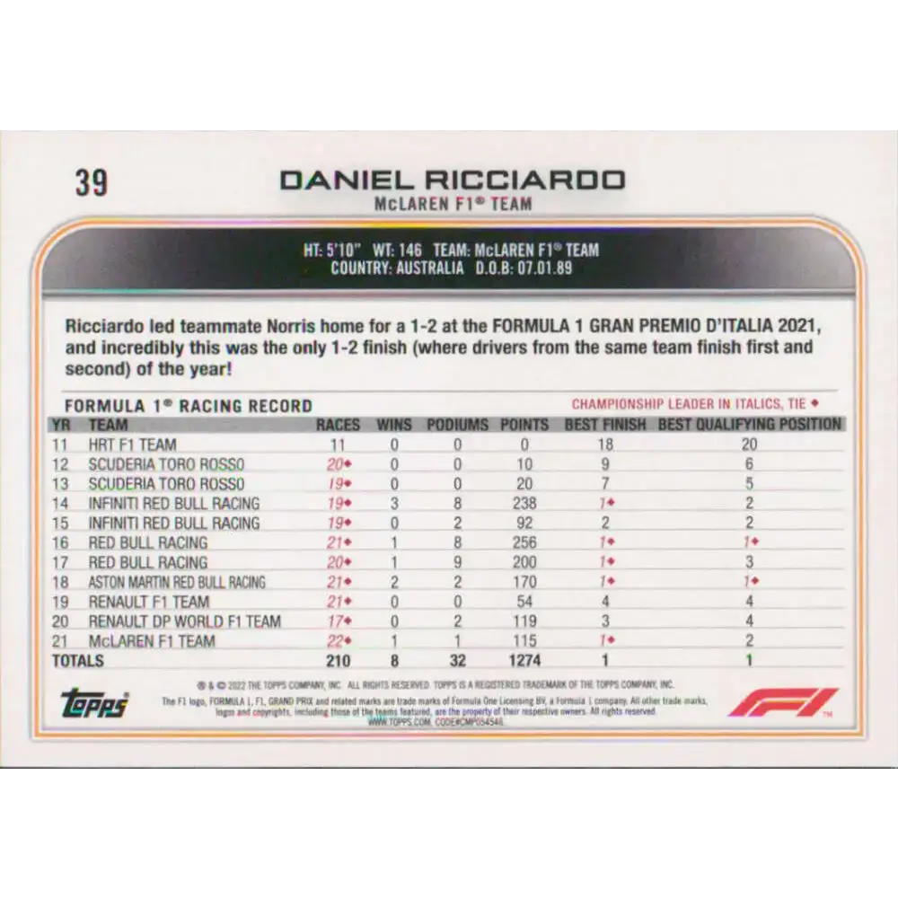 2022 Topps Formula 1 #39 Daniel Ricciardo NM-MT Racing Card - Racing Card Single