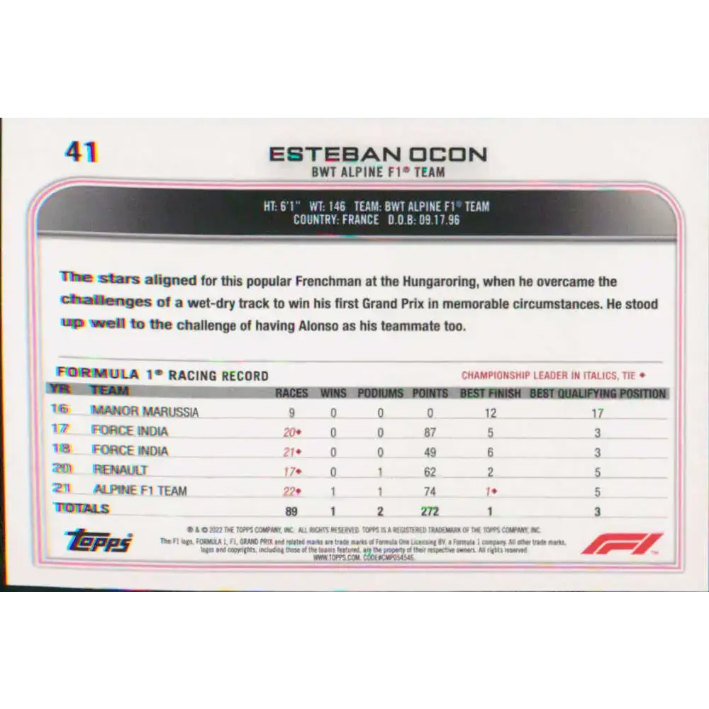 2022 Topps Formula 1 #41 Esteban Ocon NM-MT Racing Card - Racing Card Single