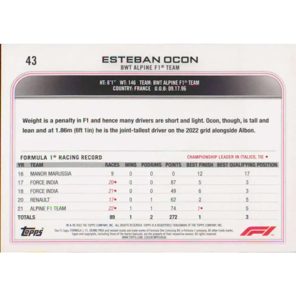 2022 Topps Formula 1 #43 Esteban Ocon NM-MT Racing Card - Racing Card Single