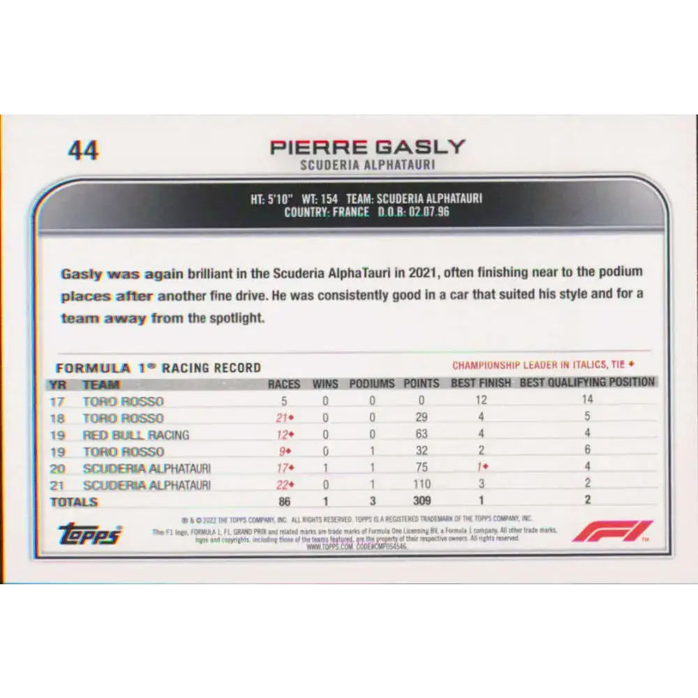 2022 Topps Formula 1 #44 Pierre Gasly NM-MT Racing Card - Racing Card Single