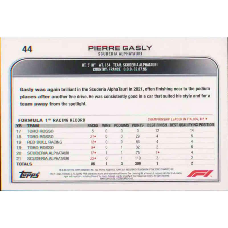2022 Topps Formula 1 #44 Pierre Gasly NM-MT Racing Card - Racing Card Single