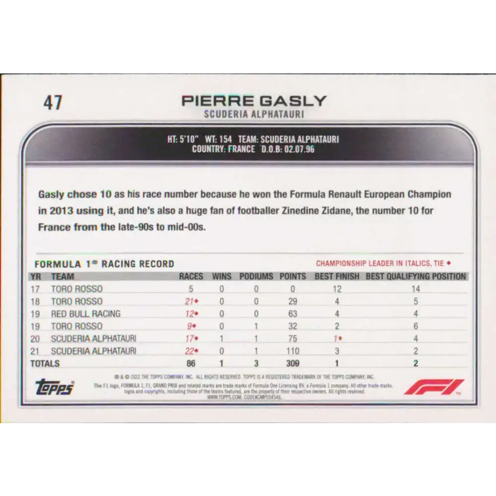 2022 Topps Formula 1 #47 Pierre Gasly NM-MT Racing Card - Racing Card Single