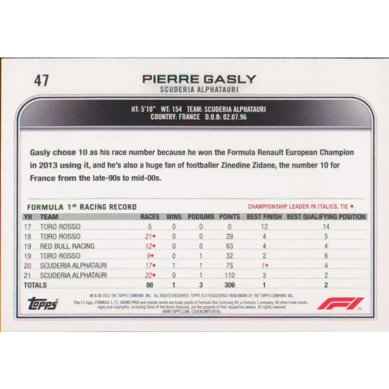 2022 Topps Formula 1 #47 Pierre Gasly NM-MT Racing Card - Racing Card Single