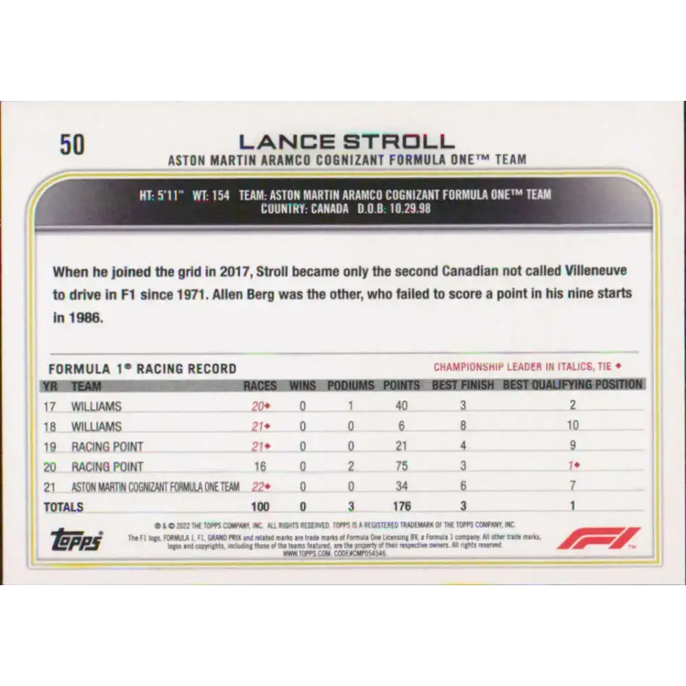 2022 Topps Formula 1 #50 Lance Stroll NM-MT Racing Card - Racing Card Single