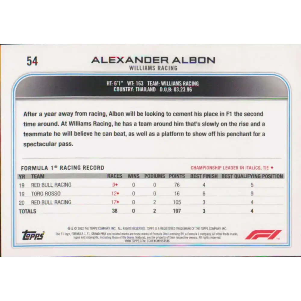 2022 Topps Formula 1 #54 Alexander Albon NM-MT Racing Card - Racing Card Single