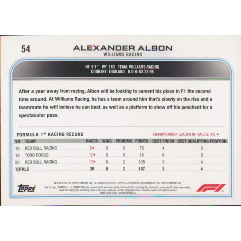 2022 Topps Formula 1 #54 Alexander Albon NM-MT Racing Card - Racing Card Single