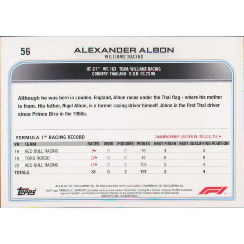 2022 Topps Formula 1 #56 Alexander Albon NM-MT Racing Card - Racing Card Single