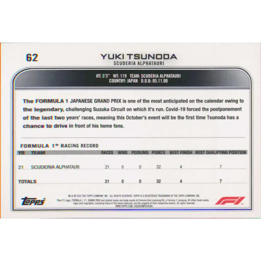 2022 Topps Formula 1 #62 Yuki Tsunoda NM-MT Racing Card - Racing Card Single