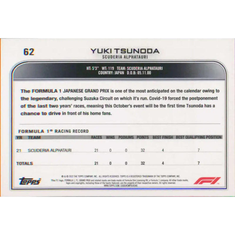 2022 Topps Formula 1 #62 Yuki Tsunoda NM-MT Racing Card - Racing Card Single