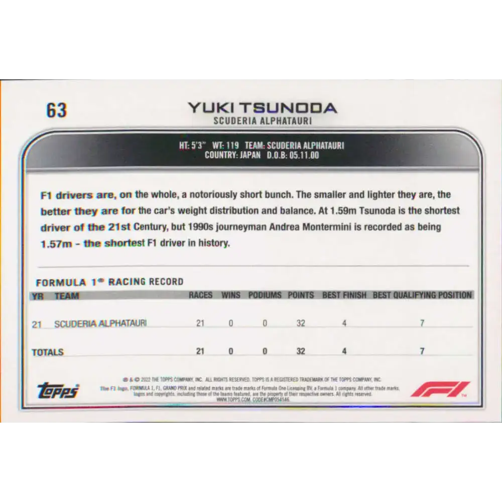 2022 Topps Formula 1 #63 Yuki Tsunoda NM-MT Racing Card - Racing Card Single