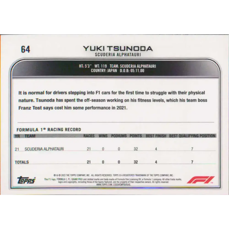 2022 Topps Formula 1 #64 Yuki Tsunoda NM-MT Racing Card - Racing Card Single