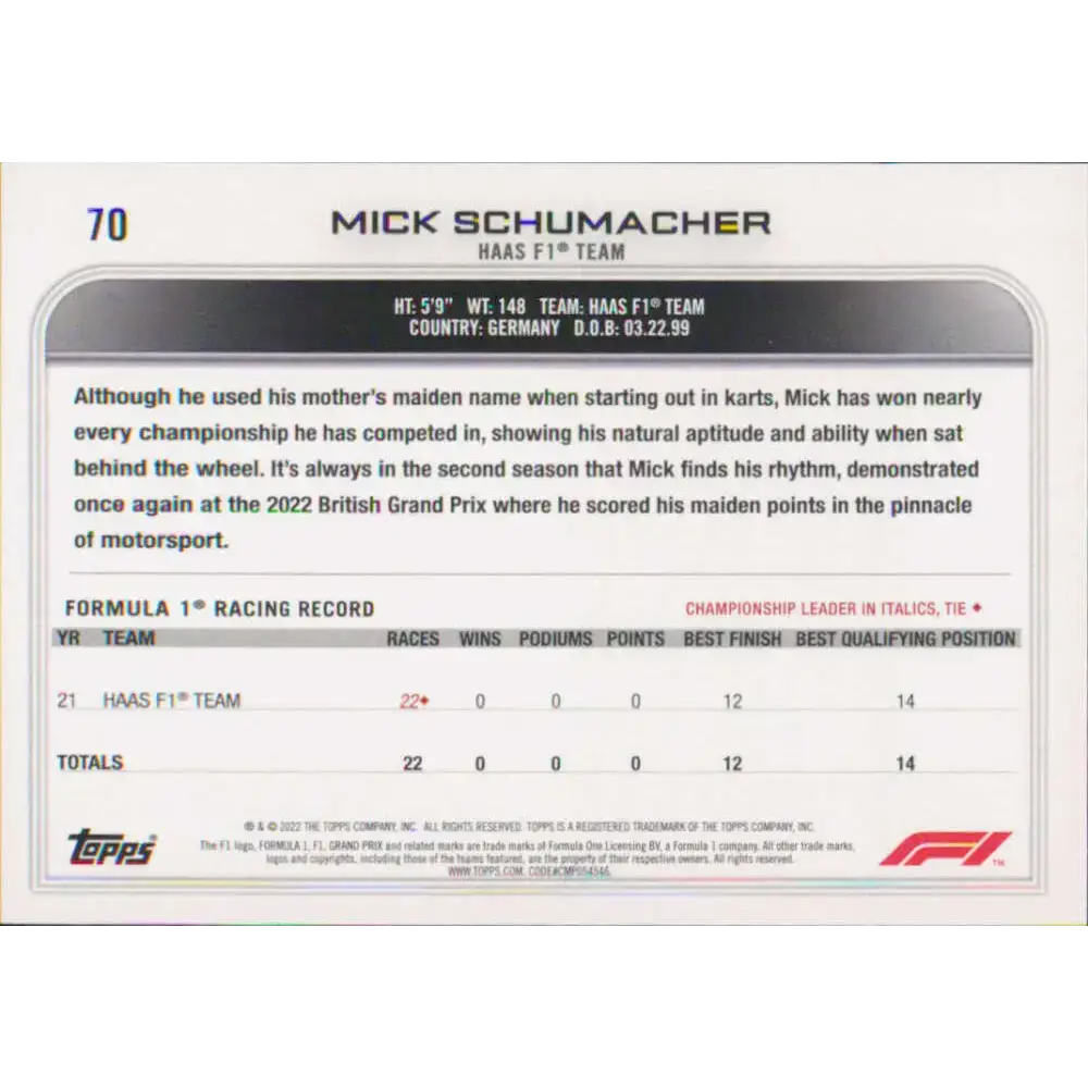 2022 Topps Formula 1 #70 Mick Schumacher NM-MT Racing Card - Racing Card Single