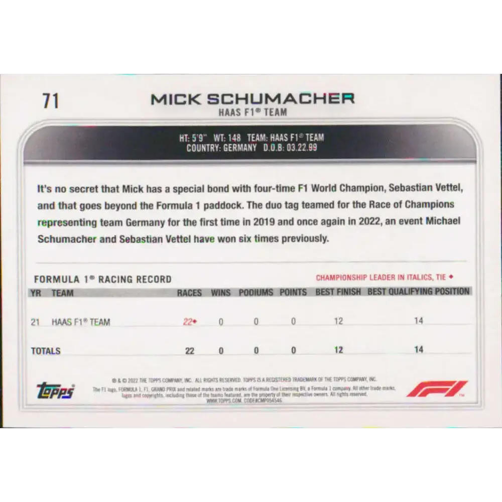2022 Topps Formula 1 #71 Mick Schumacher NM-MT Racing Card - Racing Card Single