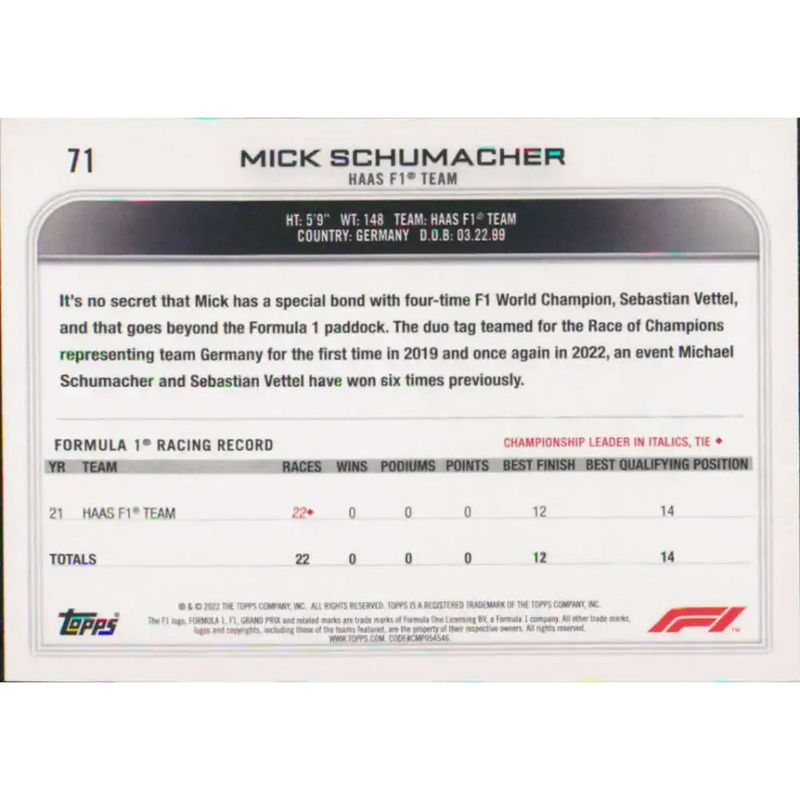 2022 Topps Formula 1 #71 Mick Schumacher NM-MT Racing Card - Racing Card Single