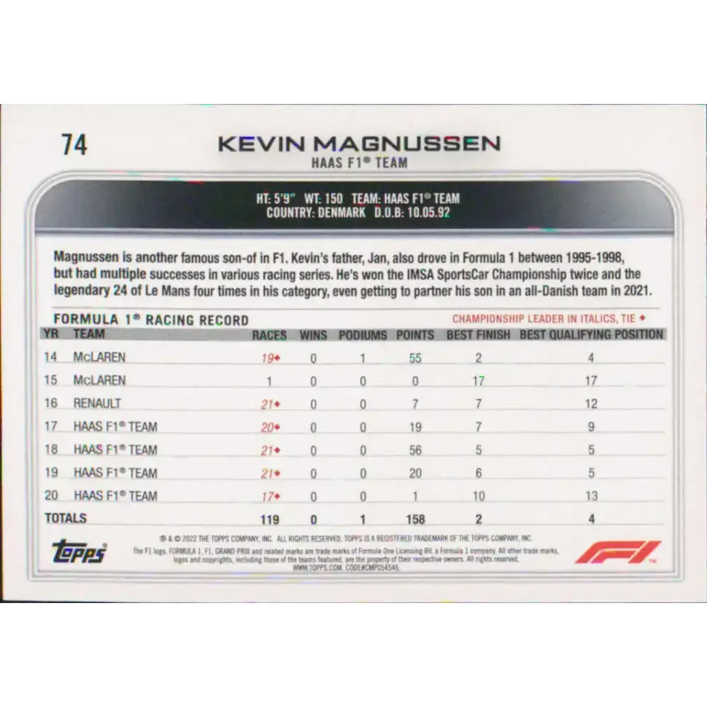 2022 Topps Formula 1 #74 Kevin Magnussen NM-MT Racing Card - Racing Card Single