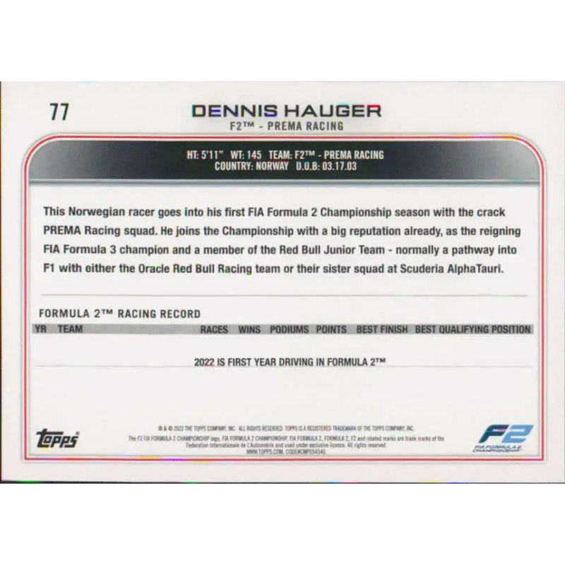 2022 Topps Formula 1 #77 Dennis Hauger NM-MT Racing Card - Racing Card Single