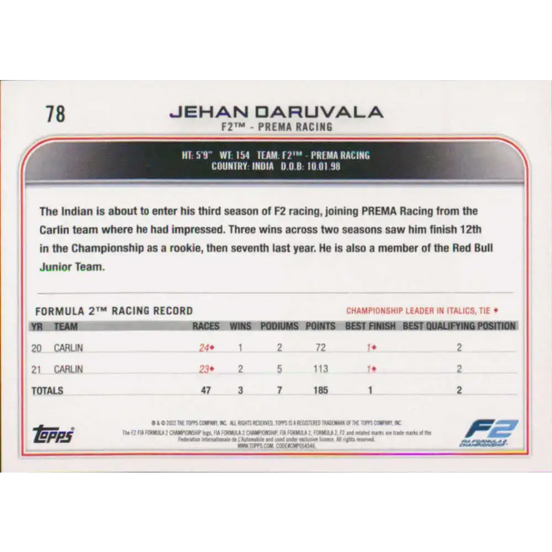 2022 Topps Formula 1 #78 Jehan Daruvala NM-MT Racing Card - Racing Card Single