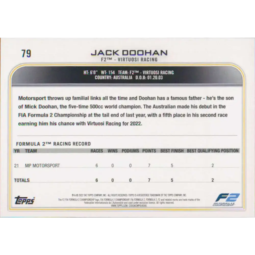 2022 Topps Formula 1 #79 Jack Doohan NM-MT Racing Card - Racing Card Single