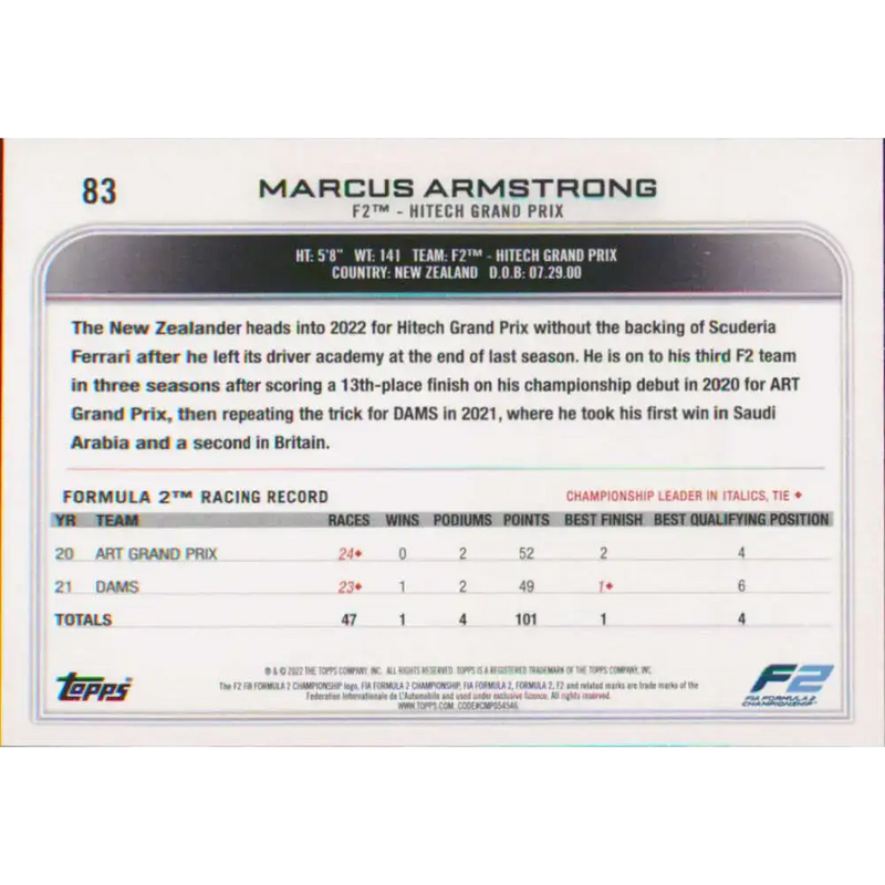 2022 Topps Formula 1 #83 Marcus Armstrong NM-MT Racing Card - Racing Card Single