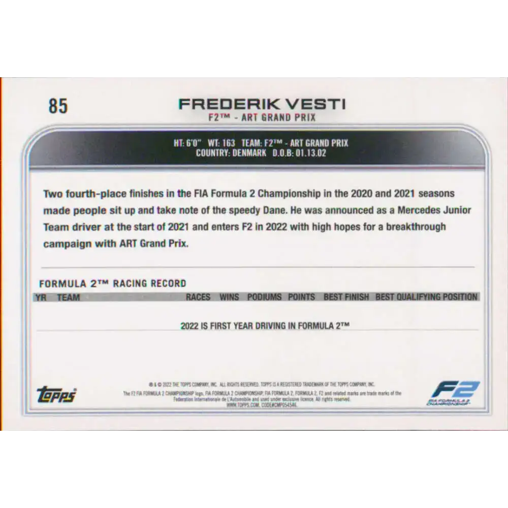2022 Topps Formula 1 #85 Frederik Vesti NM-MT Racing Card - Racing Card Single