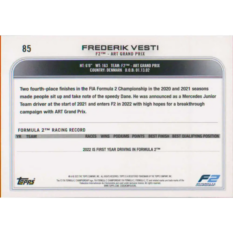 2022 Topps Formula 1 #85 Frederik Vesti NM-MT Racing Card - Racing Card Single