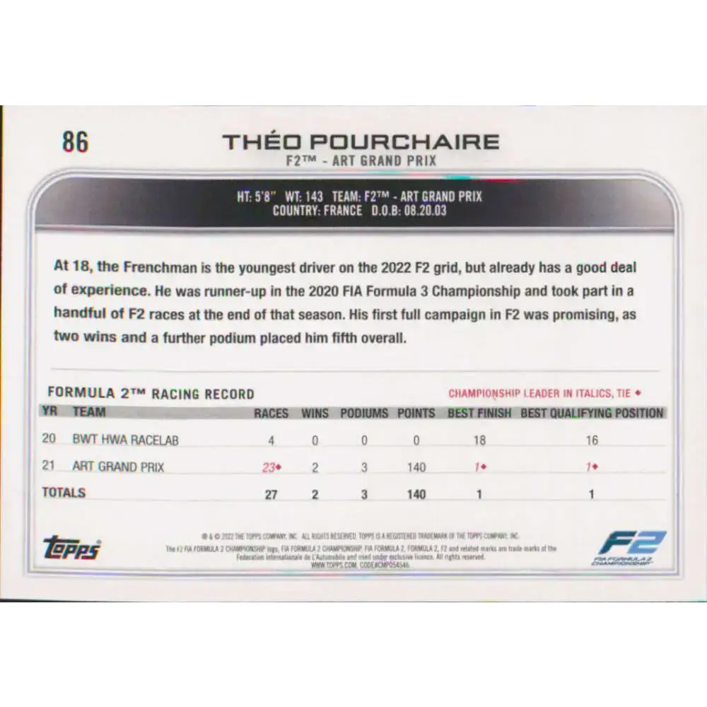 2022 Topps Formula 1 #86 Theo Pourchaire NM-MT Racing Card - Racing Card Single