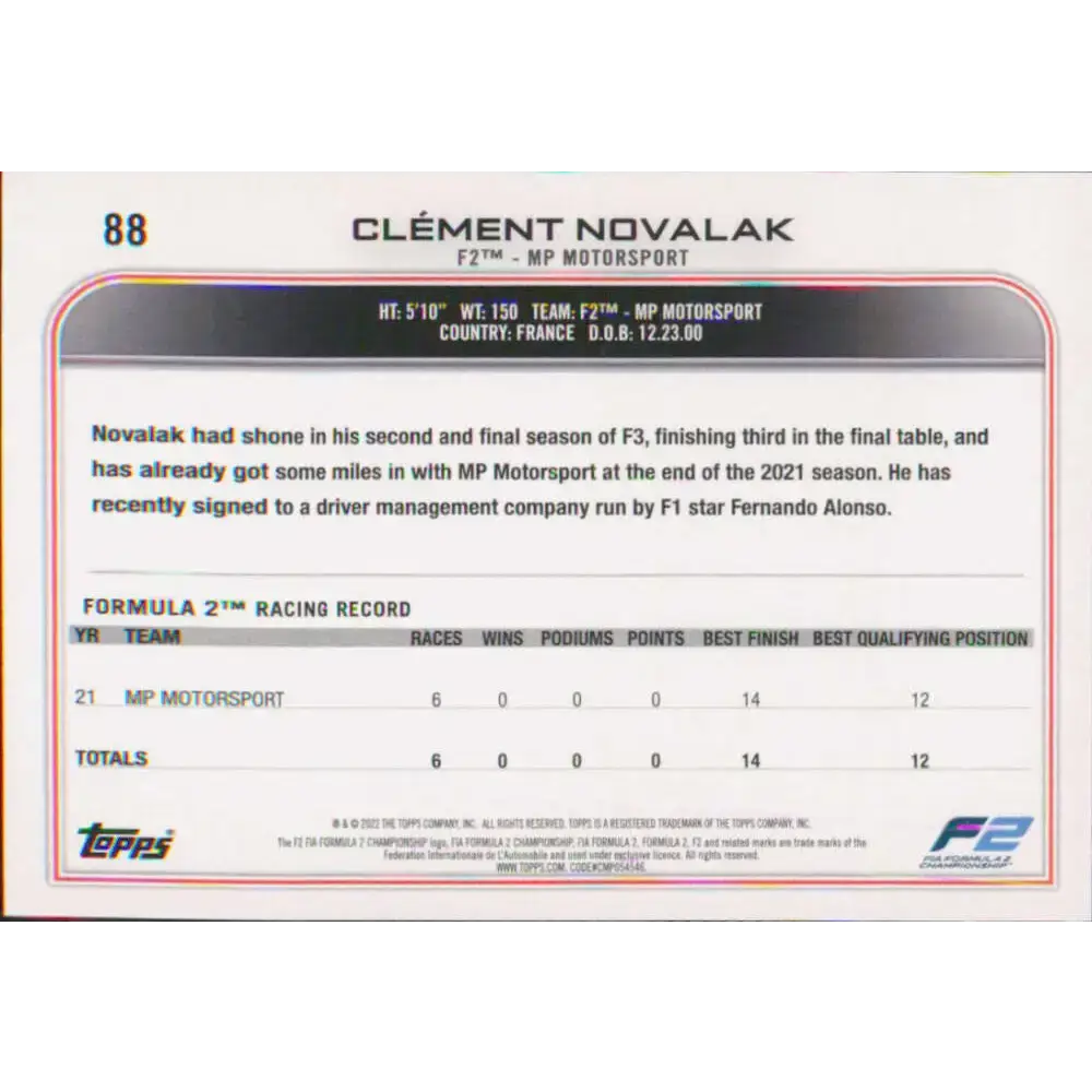2022 Topps Formula 1 #88 Clement Novalak NM-MT Racing Card - Racing Card Single