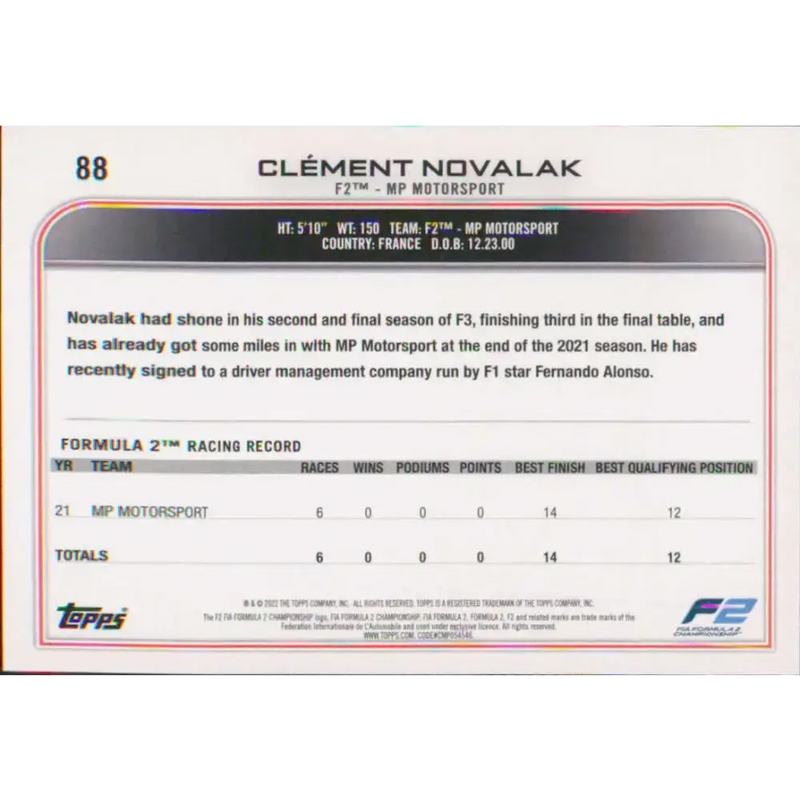 2022 Topps Formula 1 #88 Clement Novalak NM-MT Racing Card - Racing Card Single