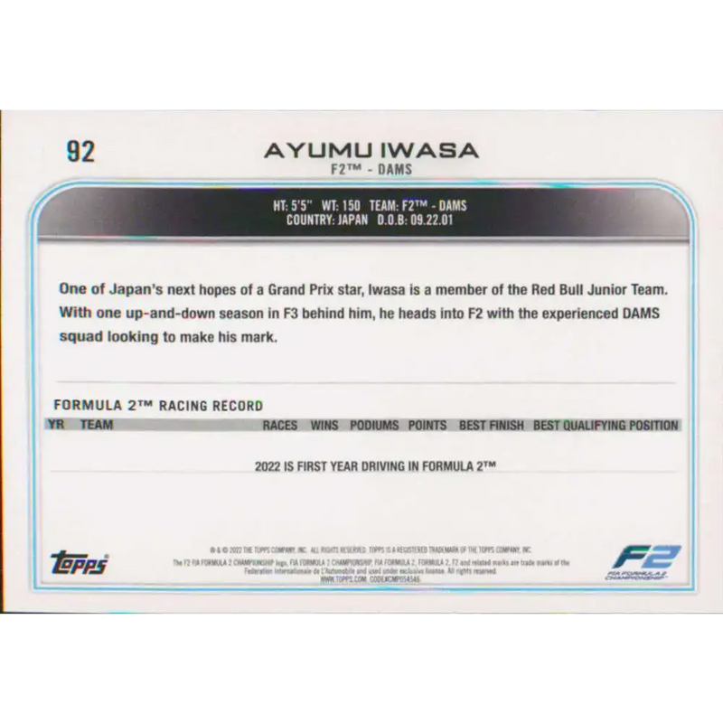2022 Topps Formula 1 #92 Ayumu Iwasa NM-MT Racing Card - Racing Card Single