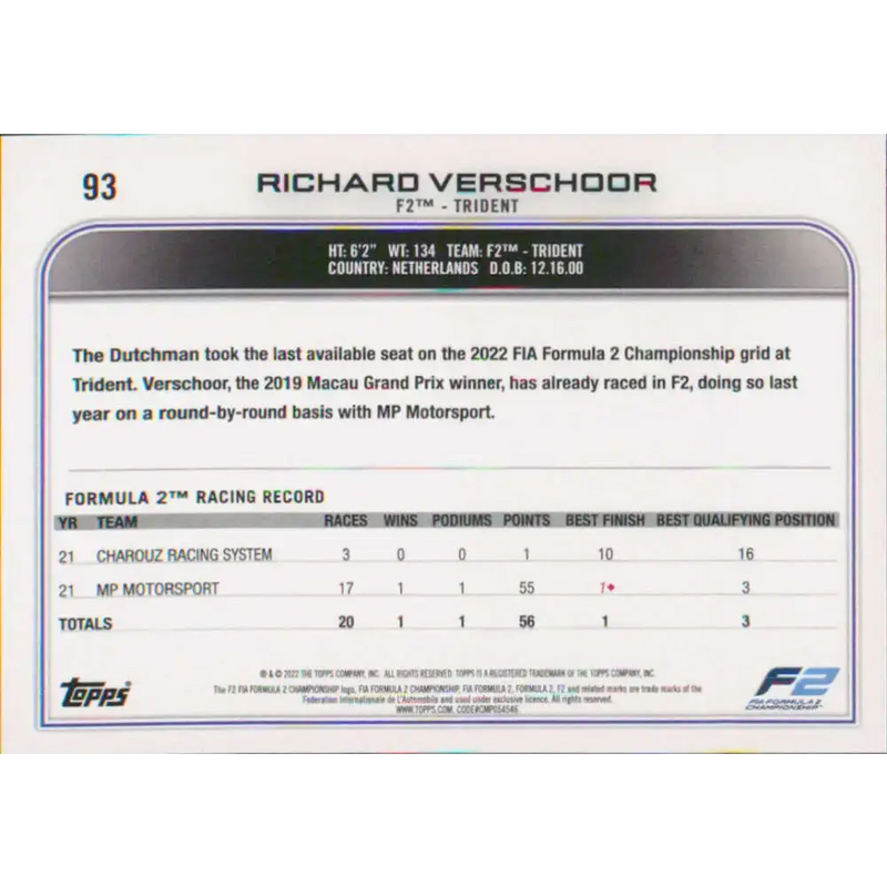 2022 Topps Formula 1 #93 Richard Verschoor NM-MT Racing Card - Racing Card Single