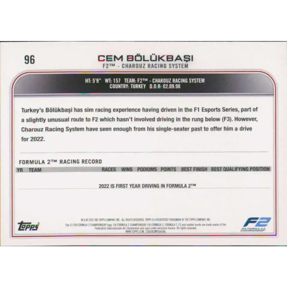 2022 Topps Formula 1 #96 Cem Bolukbasi NM-MT Racing Card - Racing Card Single