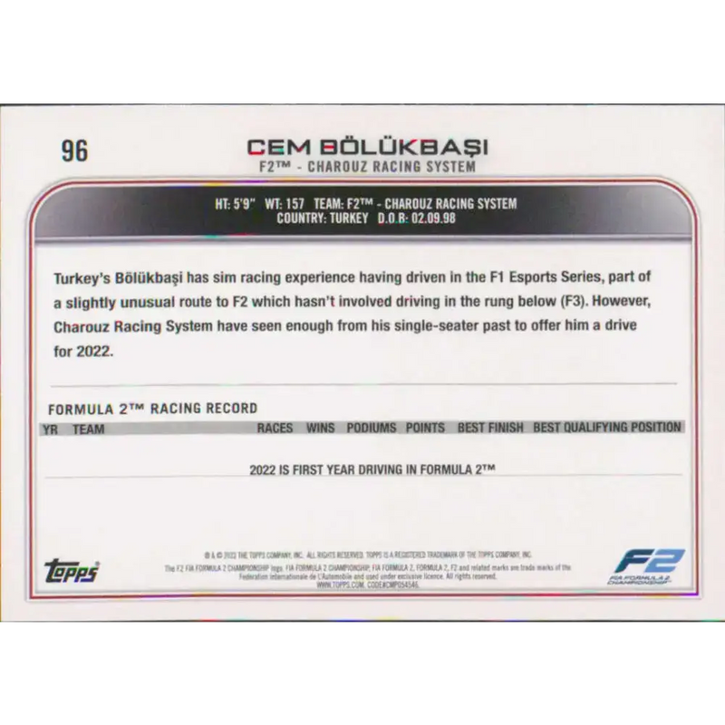 2022 Topps Formula 1 #96 Cem Bolukbasi NM-MT Racing Card - Racing Card Single